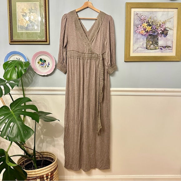 Soft Surroundings Dresses & Skirts - Soft Surroundings Tan Maxi Dress Size Small Boho Comfort Crochet Wrap Soft Cozy